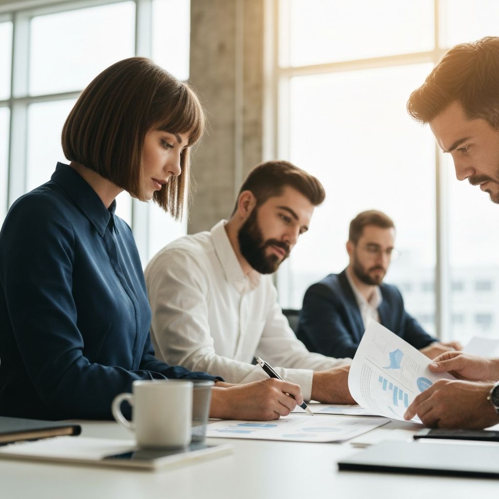 Profesionales financieros colaborando en análisis de presupuestos corporativos