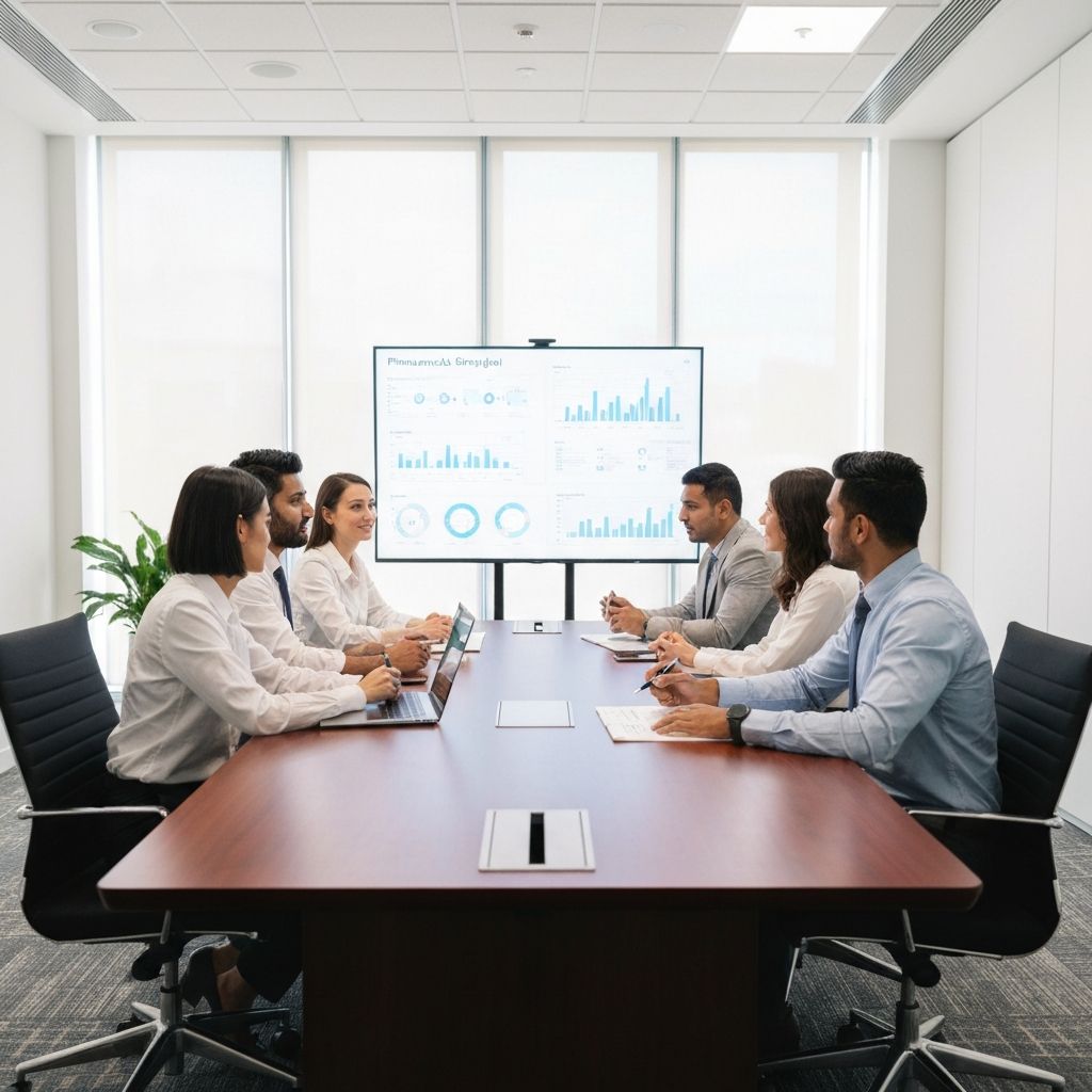 Reunión estratégica de profesionales financieros discutiendo planes de inversión